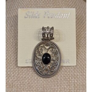 Vintage ATI Ornate‎ Sterling Silver & Black Onyx Oval Slide Pendant